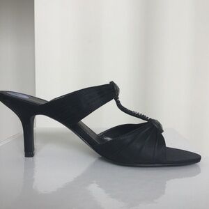 Black satin sandals with dark rhinestone embellishment in the front size 7 1/2